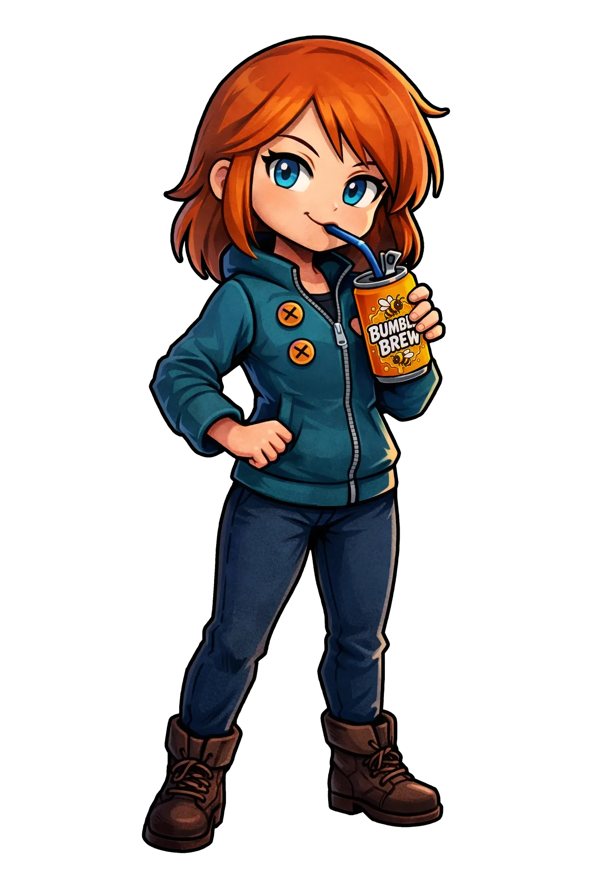 Blarla character holding a Bumble Brew can