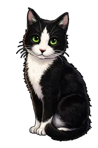 Zeke, a green-eyed tuxedo cat with a white flame-shaped marking between his eyes